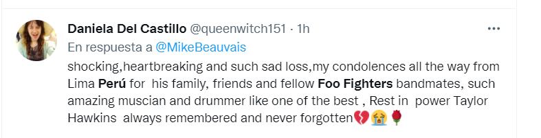 ダニエラ・デル・カスティージョは、フー・ファイターズのドラマー、テイラー・ホーキンスの死についてコメントしました