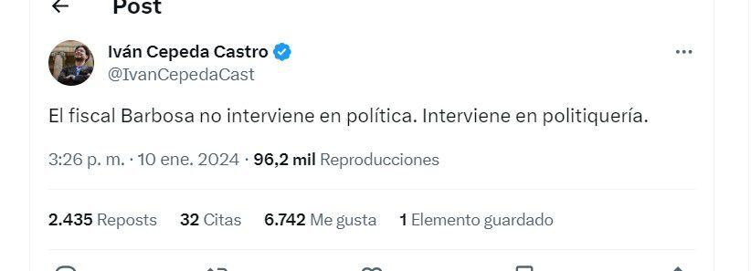 Iván Cepeda habla de la presunta intervención en política del fiscal general - crédito @IvanCepedaCast