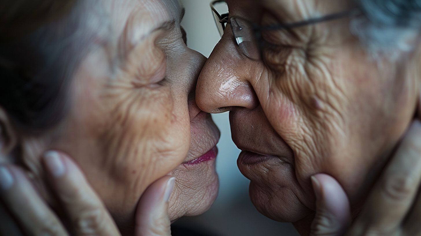 Pareja heterosexual adulta, hombre y mujer de 70, 80 años de edad, dándose un beso romántico - (Imagen Ilustrativa Infobae)