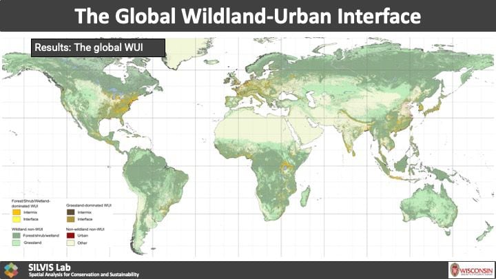 Científicos lograron el primer mapa de zonas de interfaz urbano-forestal/silvestre de todo el mundo. Allí confluyen asentamientos humanos y la naturaleza, y podrían ocurrir escapes de patógenos desde otras especies a los humanos (Universidad de Wisconsin-Madison, Laboratorio SILVIS)