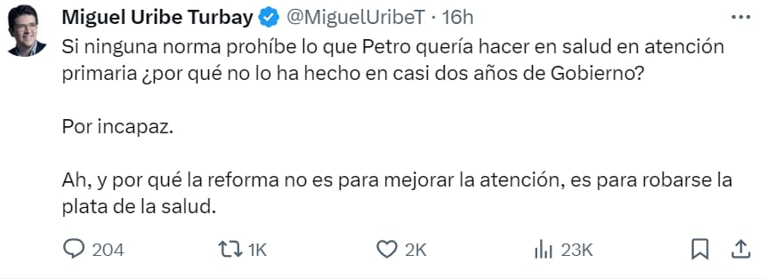 Reproche de Miguel Uribe contra la reforma a la salud - crédito @MiguelUribeT/X