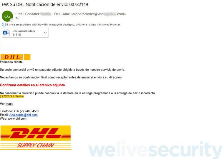 Los delincuentes usan la imagen de DHL pero sus correos electrónicos no coinciden con la empresa por la que se están haciendo pasar. (ESET)