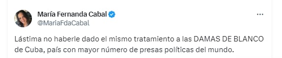 La senadora opositora criticó que Francia Márquez haya sido recibida por el papa Francisco y que las Damas de Blanco de Cuba no tengan la misma oportunidad - crédito @MariaFdaCabal/X