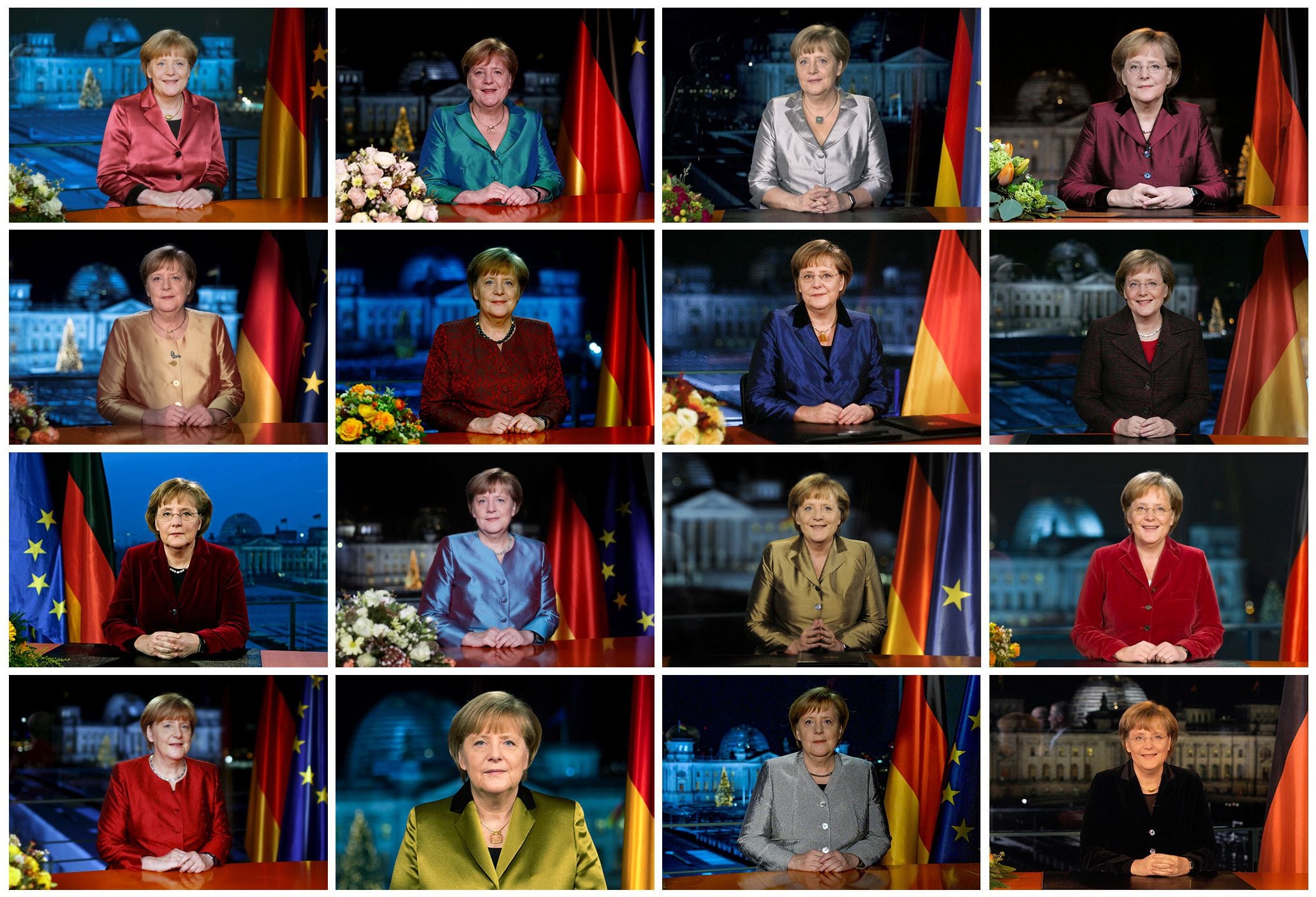 Una foto combinada de los mensajes por año nuevo de la canciller Angela Merkel a lo largo de los años (REUTERS/Staff/File Photos)