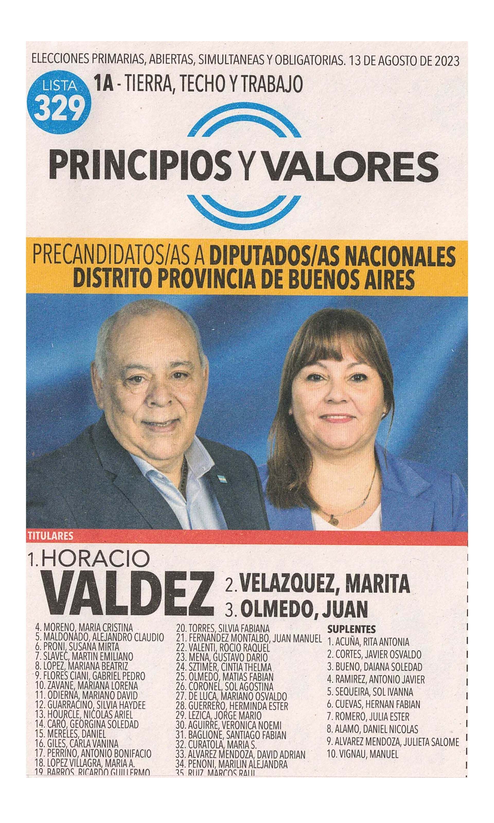 Boleta oficial de Principios y Valores de precandidatos a diputados nacionales de Buenos Aires