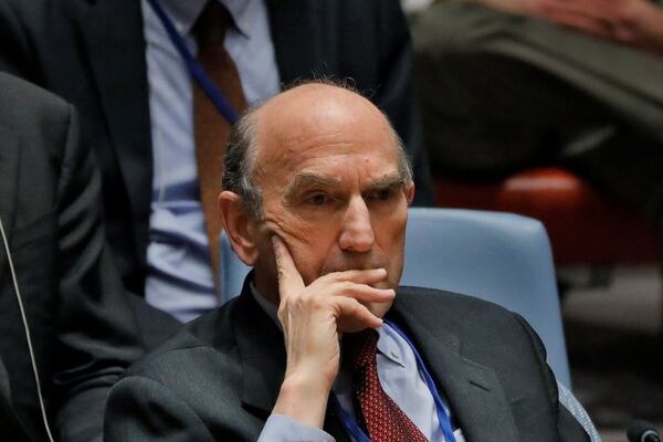 Foto de archivo de Elliott Abrams en un areunió del Consejo de Seguridad de la ONU sobre Venezuela. Feb 28, 2019. REUTERS/Lucas Jackson
