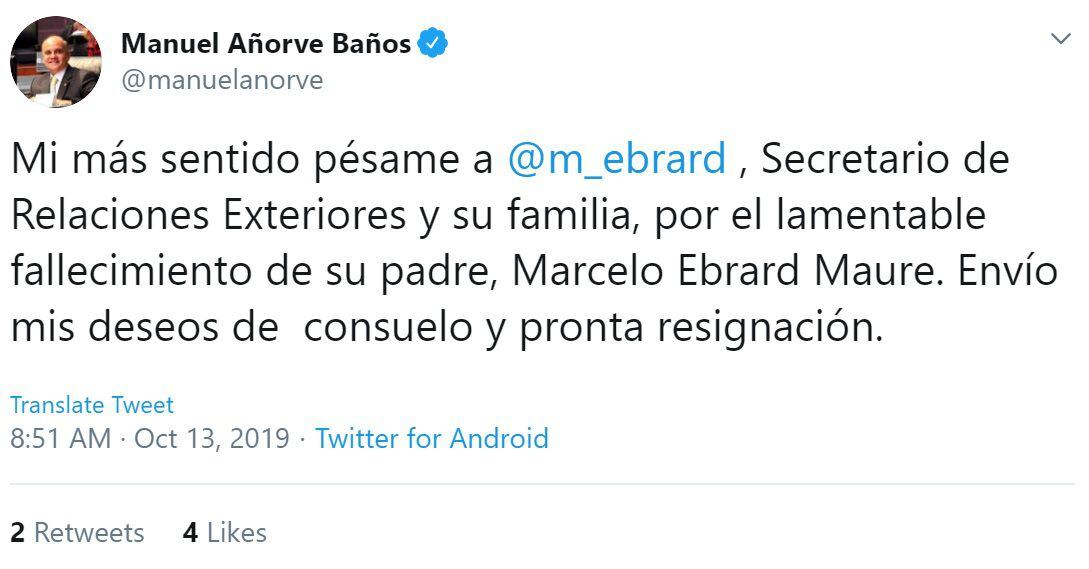 El senador priísta Manuel Añorve Baños lamentó el fallecimiento de Ebrard Maure (Foto: Twitter)