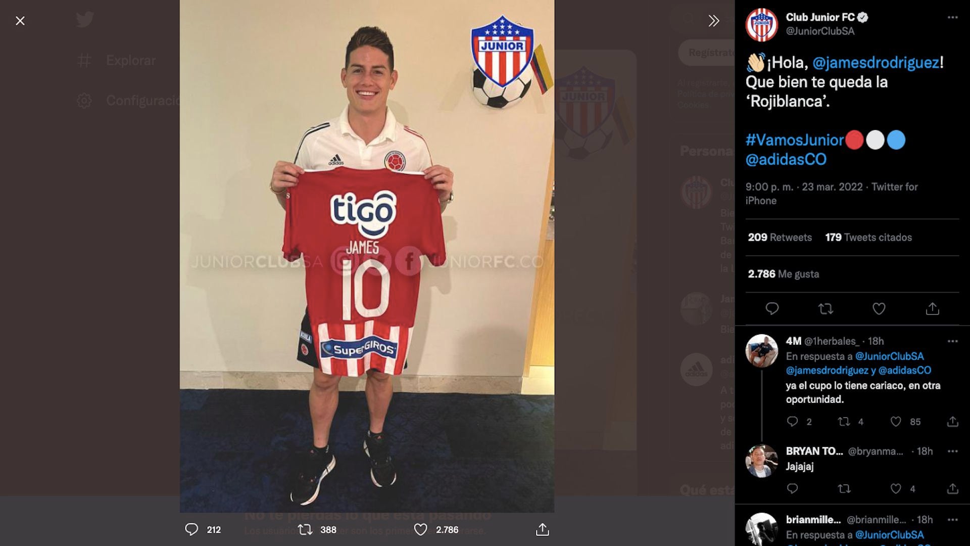 James Rodríguez portait le 10e du nouveau maillot Barranquilla Junior/ (Twitter : @JuniorClubSA)