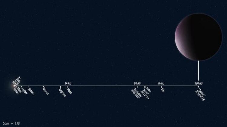La ubicación de 2018 VG18, “Farout”, respecto a los otros planetas del Sistema Solar (Gentileza Roberto Molar Candanosa y Scott S. Sheppard via Instituto Carnegie)