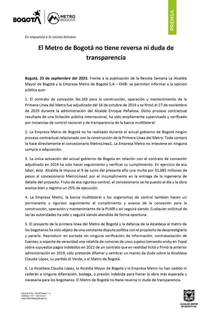 Claudia López respondió al escándalo por presunta corrupción en contratos del Metro de Bogotá