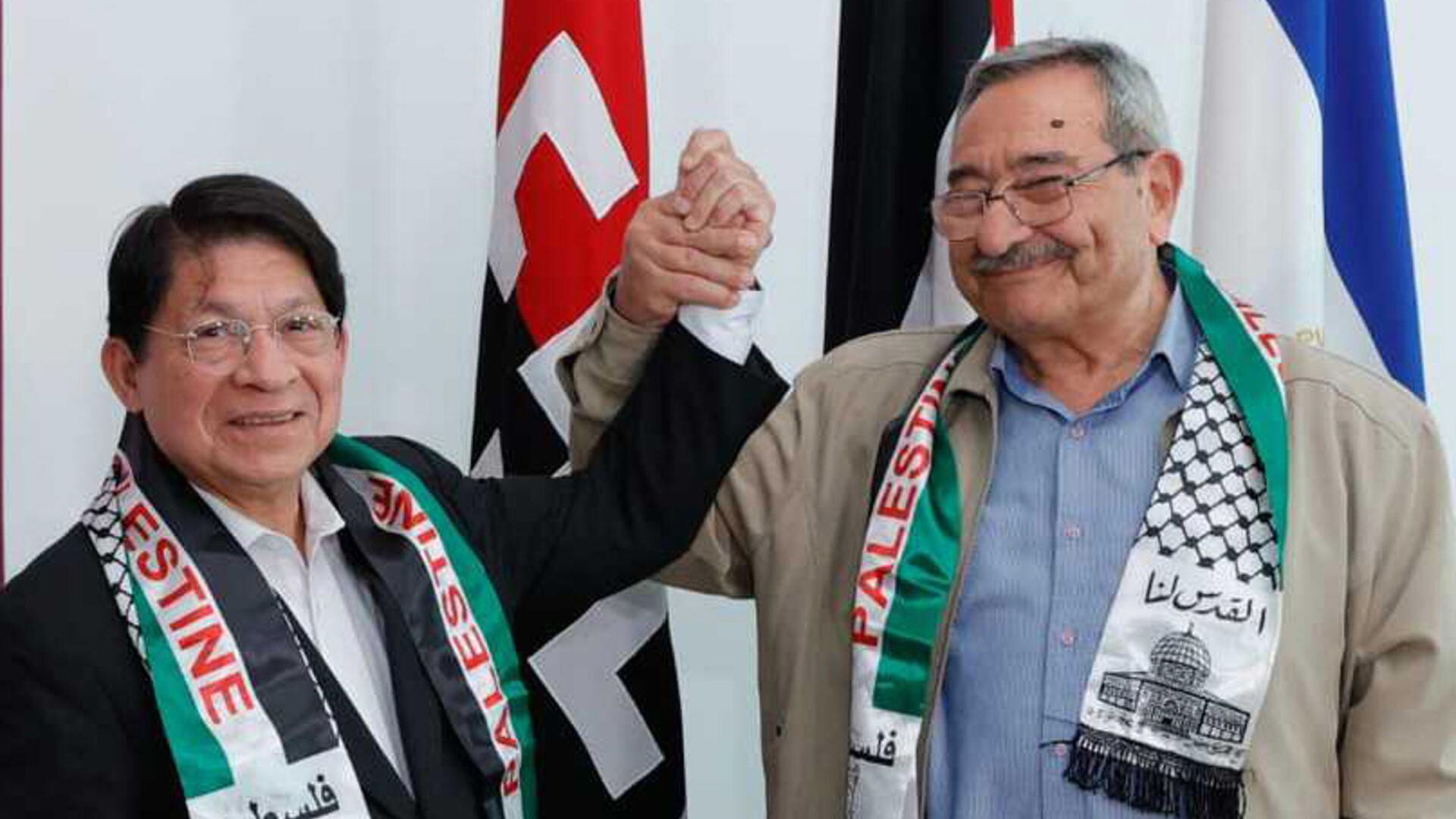 Dos días después de iniciado el ataque de Hamas a Israel, el ministro de relaciones exteriores de Nicaragua, Denis Moncada, recibió una comitiva palestina encabezada por Ramzi Rabah, miembro del Comité Ejecutivo de la Organización para la Liberación de Palestina (OLP) (Foto Presidencia Nicaragua)