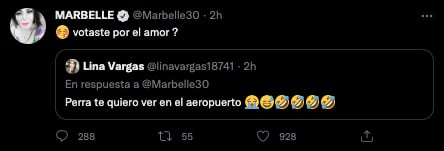 La cantante de tecnocarrilera respondió los ataques que ha recibido en Twitter tras el triunfo de Gustavo Petro a la presidencia. Tomada de Twitter @Marbelle30