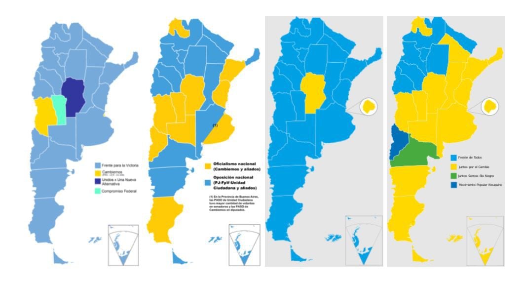 Del 2015, 2017, 2019 y 2021. El mapa de la Argentina según los resultados de las últimas cuatro PASO (fuente wikipedia)