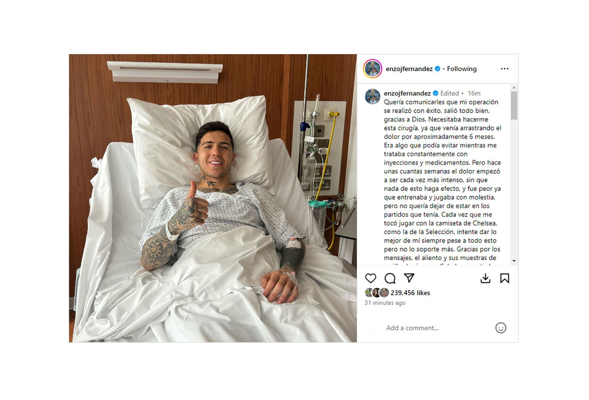 El mensaje de Enzo Fernández tras su operación