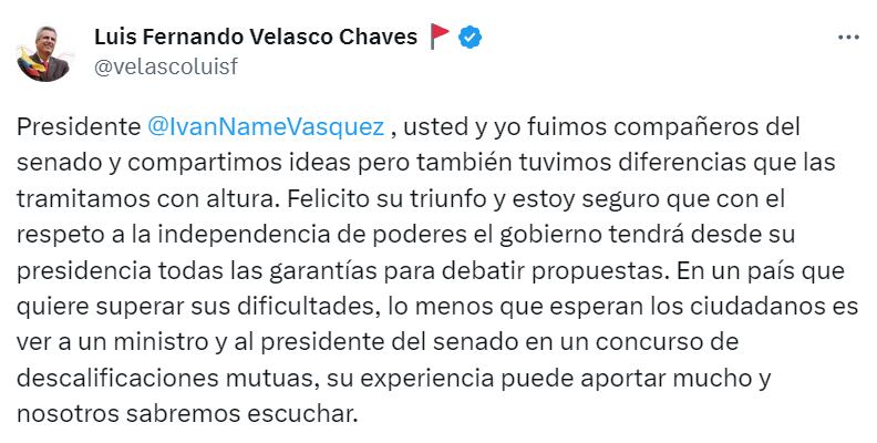 Mensaje de Luis Fernando Velasco a Iván Name. Foto: Twitter /@velascoluisf