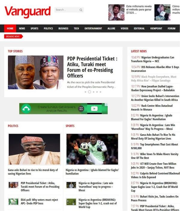 Vanguard News, de Nigeria, ni menciona el partido en la portada