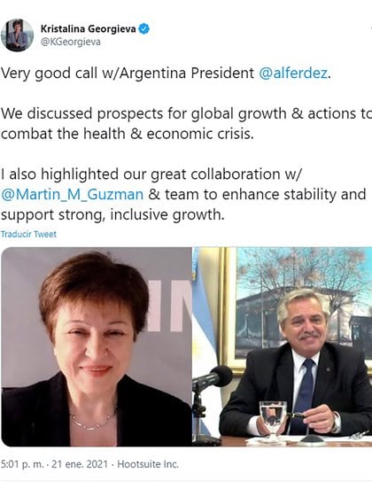 El tuit de la titular del FMI del pasado 21 de enero tras su conversación telefónica con el presidente Alberto Fernández