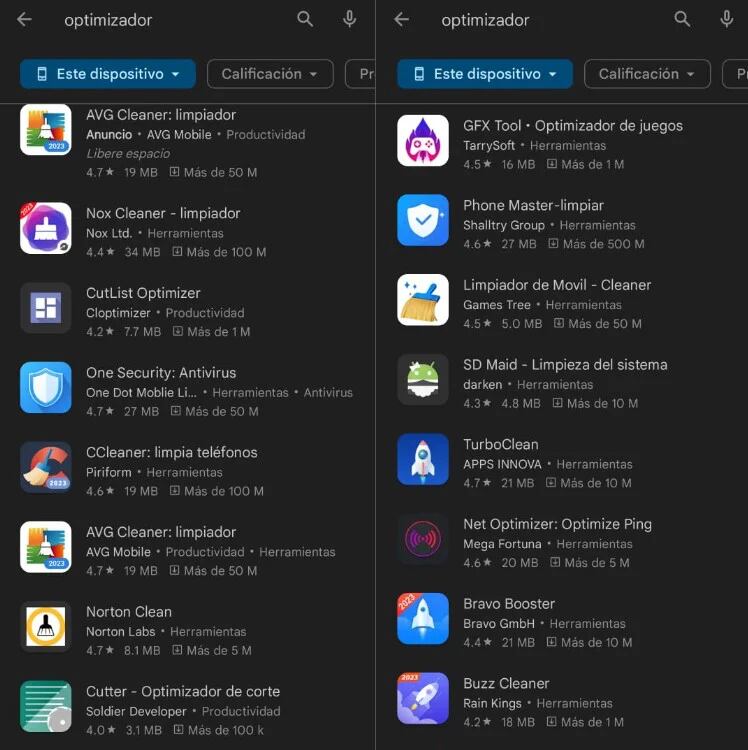 Optimizadores en Google Play Store. (Infobae)