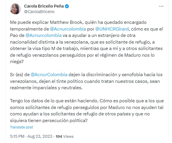 Periodista venezolana Carola Briceño Peña denunció supuesta xenofobia por parte de organismos durante el trámite de sus papeles de residencia en Colombia_crédito @CarolaBriceno / Twitter