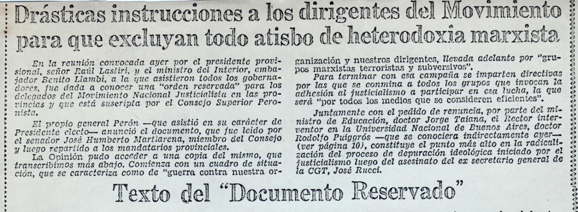 Documento publicado en La Opinión el 2 de octubre de 1973