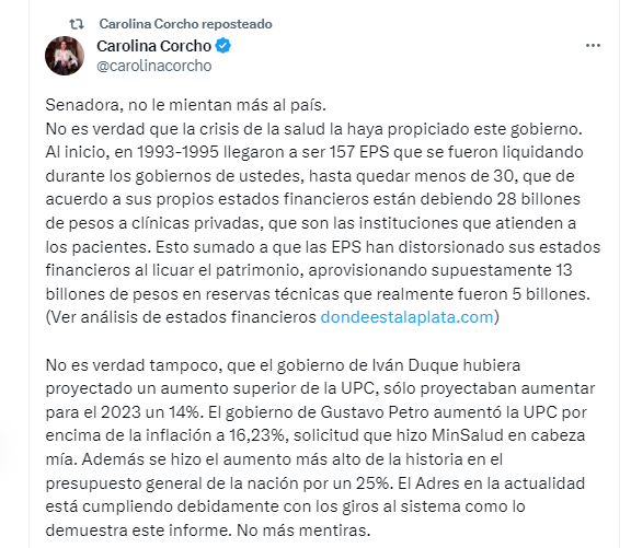 La exministra aseguró que el Gobierno nacional hizo el incremento del UPC más alto de la historia de Colombia - crédito carolinacorcho / Twitter