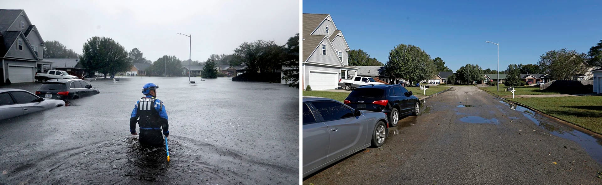 Esta combinación de fotografías muestra a un miembro del equipo urbano de búsqueda y rescate de la Fuerza Especial de Carolina del Norte en una zona inundada el 16 de septiembre de 2018, a la izquierda, y después, el 19 de septiembre, a la derecha, cuando la anegación había desaparecido tras el paso del huracán Florence en Fayetteville, en el estado. (AP Fotos/David Goldman)