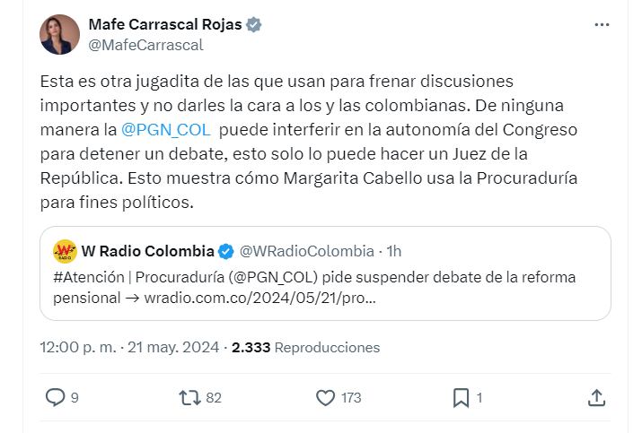 Representante del Pacto Histórico María Fernanda Carrascal dijo que decisión de la Procuraduría sobre debate de la pensional era una "jugadita" - crédito @MafeCarrascal/X