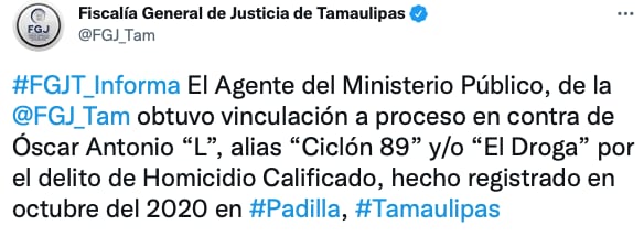 La Fiscalía General de Justicia de Tamaulipas informó sobre el auto de vinculación a proceso del Ciclón 89 (Foto: Twitter/FGJTam)
