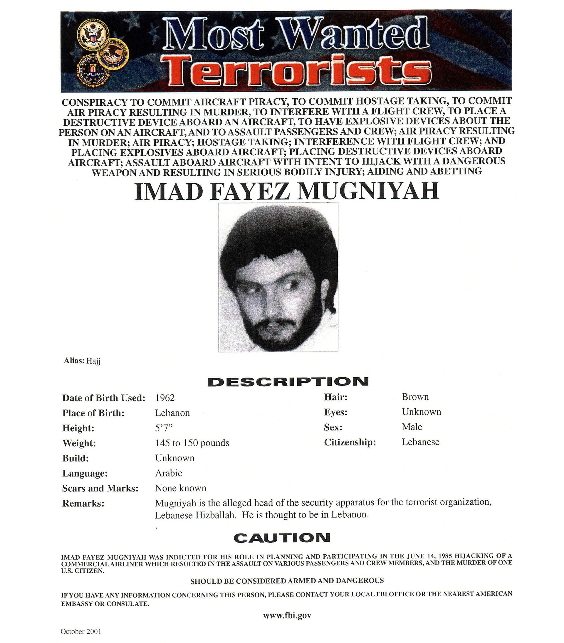 El terrorista Imad Mugniyah aparece en el cartel de los más buscados del FBI (Mai/Getty Images)