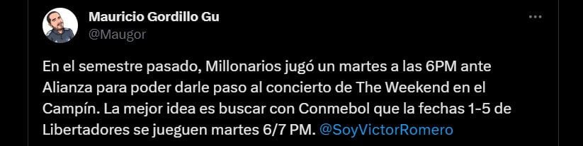 Mover el horario de los partidos de Millonarios en la Conmebol Libertadores sería una opción para no cruzarse con los conciertos - crédito @Maugor/X