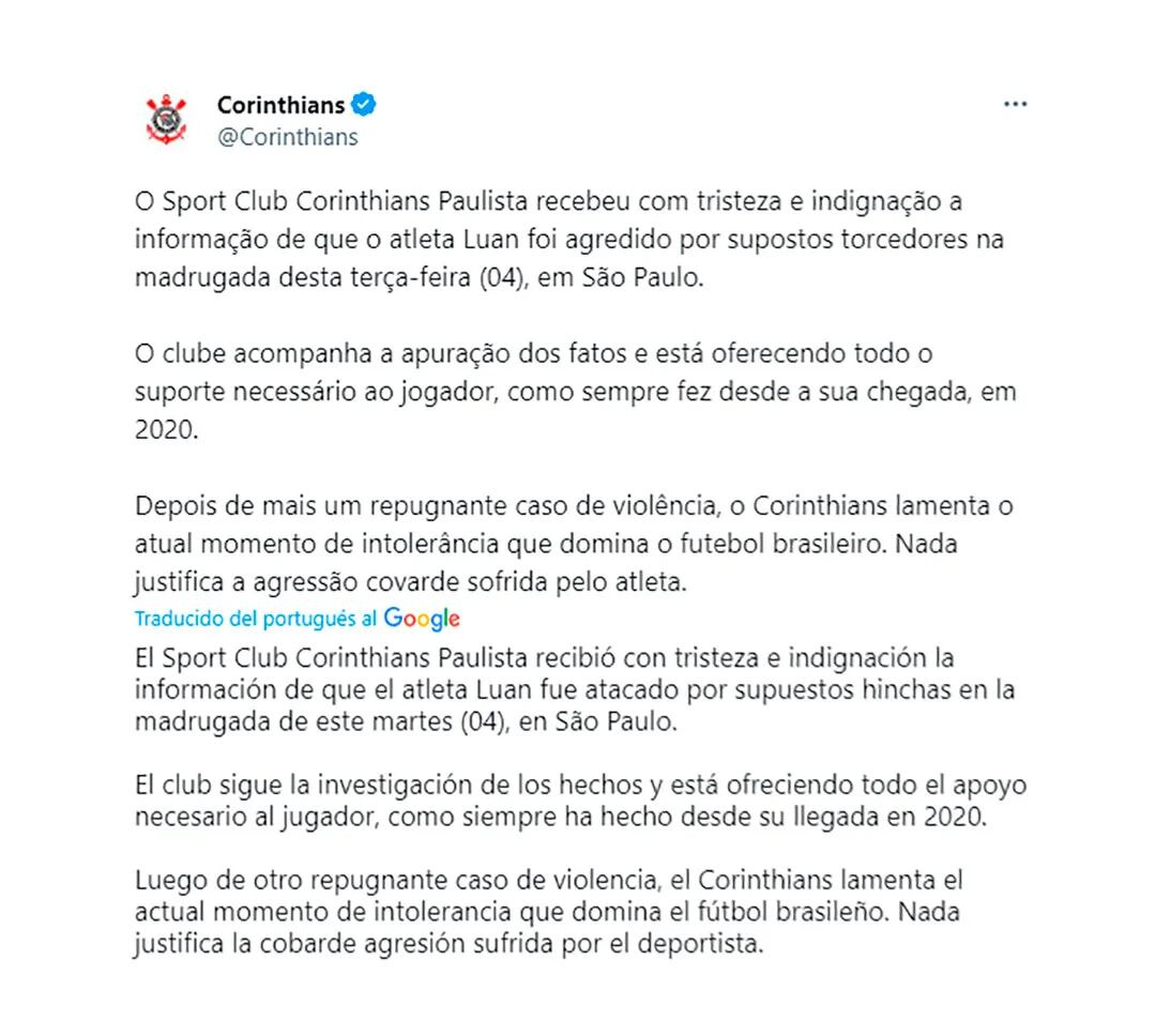 El comunicado de Corinthians por la agresión a Luan