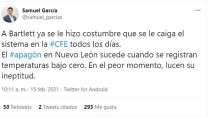 Samuel García, aspirante a gobernador, condenó el desempeño de Manuel Bartlett en la CFE (Foto: Twitter / @samuel_garcias)