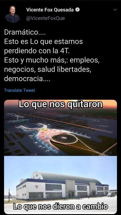 Así twitteó el exmandatario tras observar los avances en la construcción del nuevo aeropuerto en Santa Lucía (Foto: Twitter@/VicenteFoxQue)