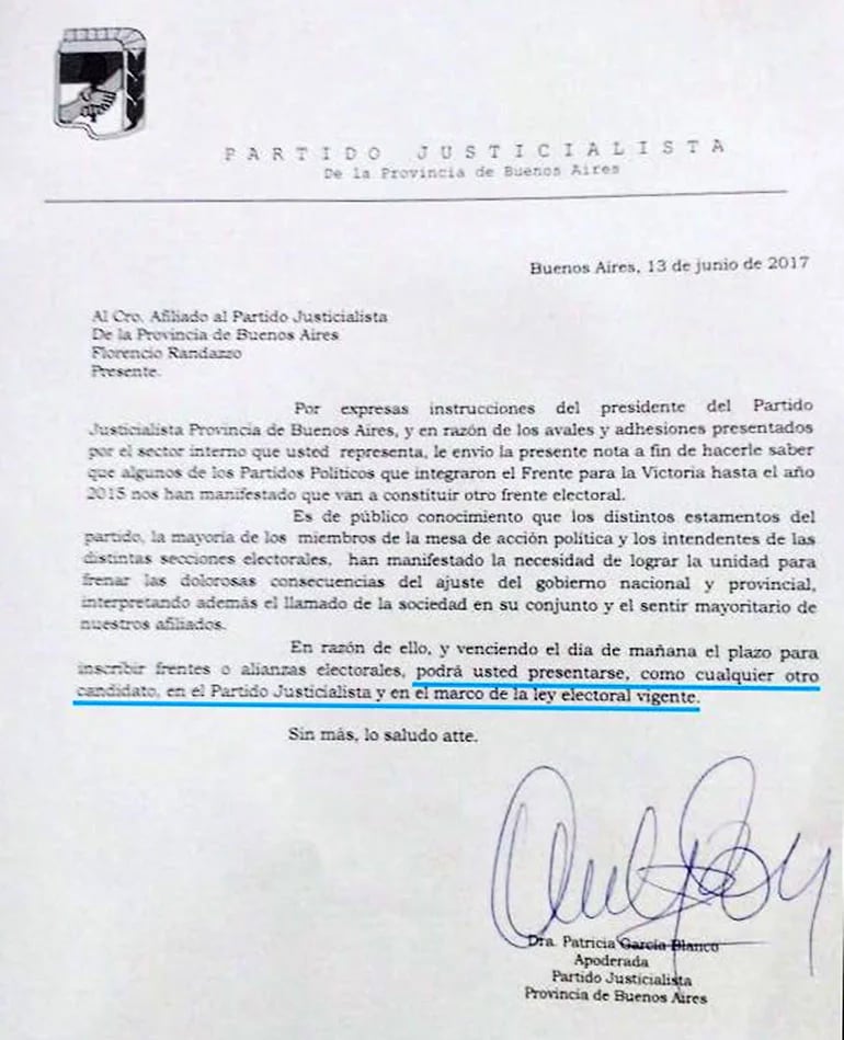 La autorización que le envió el PJ Bonaerense a Randazzo en la que lo habilita a competir como candidato del partido