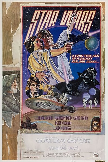 El primer afiche que tuvo Star Wars, diseñado por Charlie White y el gran ilustrador Drew Struzan