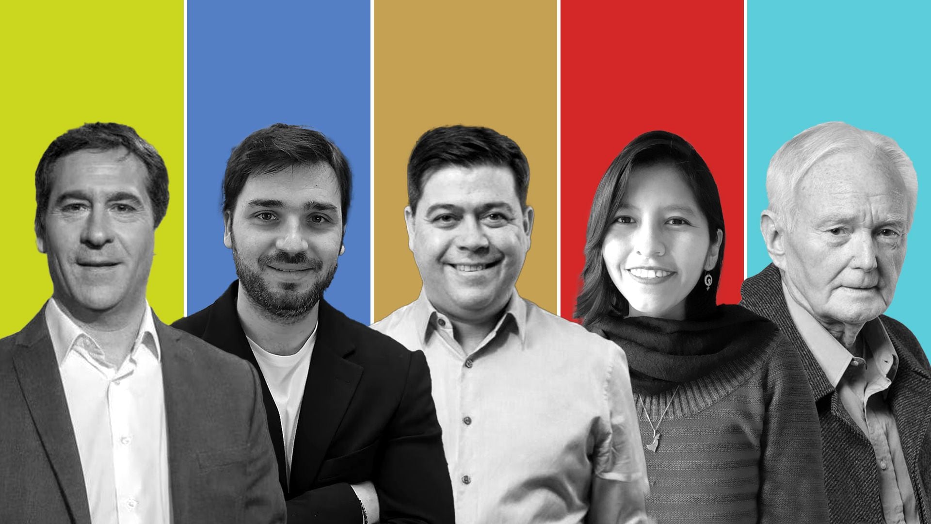 Los candidatos a gobernador en las elecciones en Chubut: Juan Pablo Luque, Ignacio Torres, César Treffinger, Emilse Saavedra, Oscar Petersen.