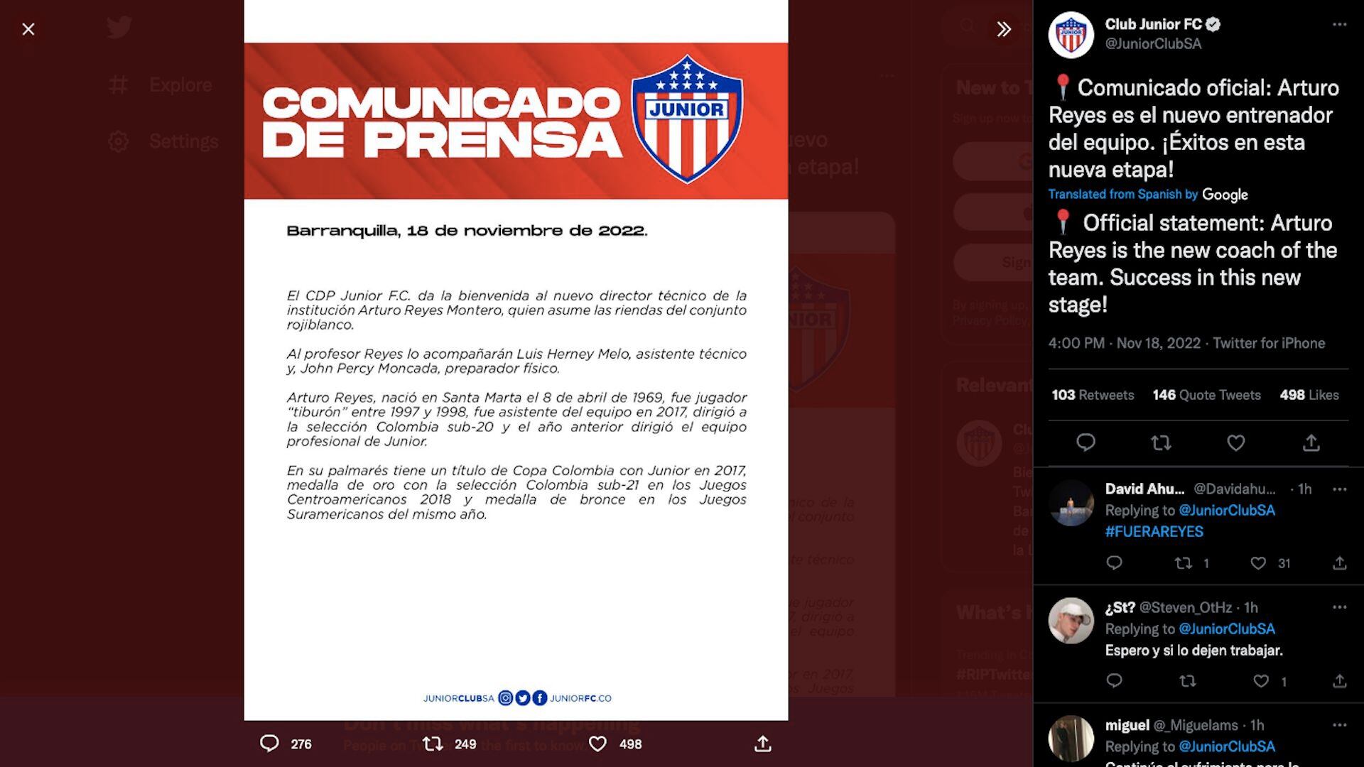 Confirmación de Arturo Reyes como nuevo entrenador de Junior de Barranquilla en 2022 / (Twitter: @JuniorClubSA)