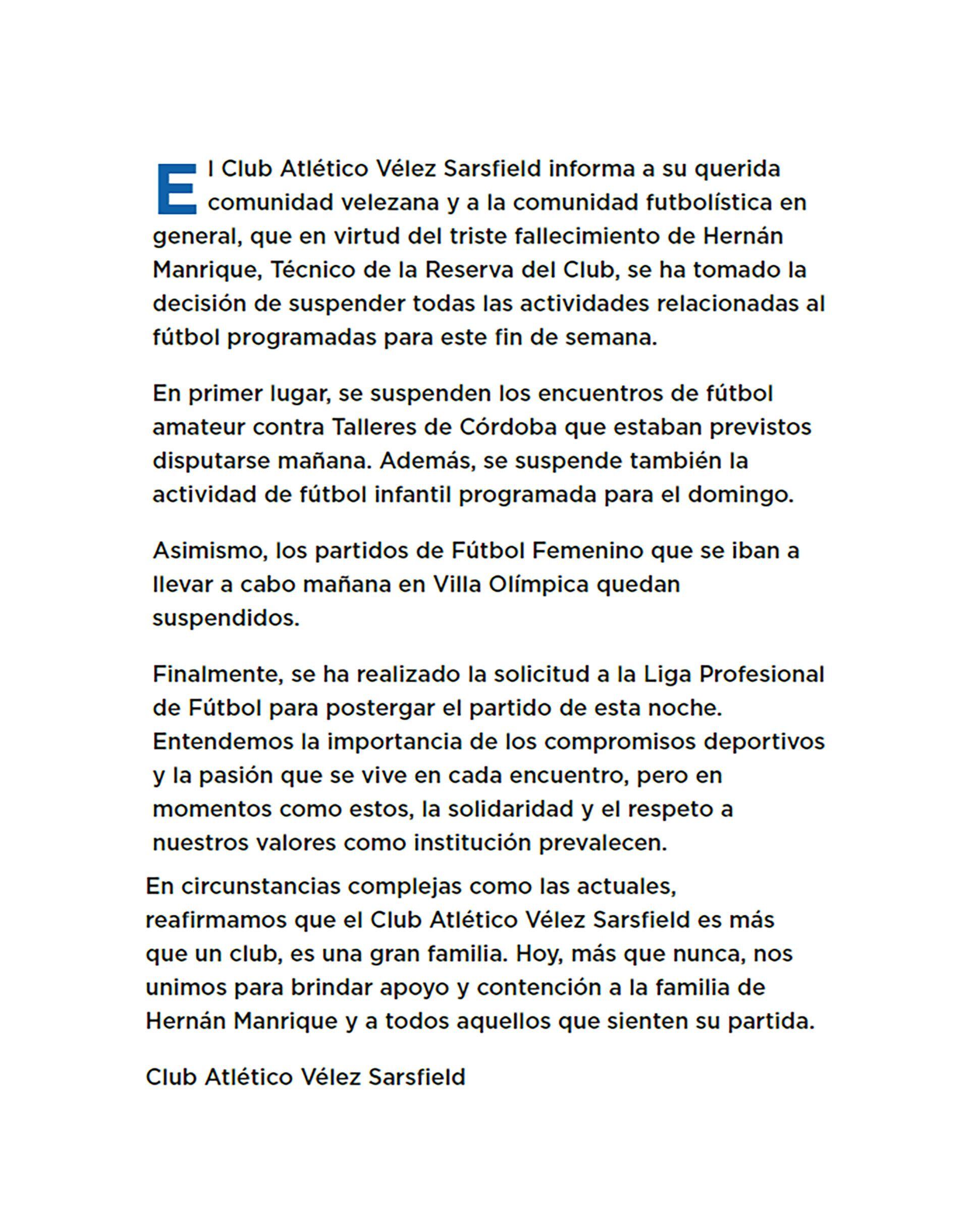 Comunicado de Vélez: pidió suspender el partido ante Racing