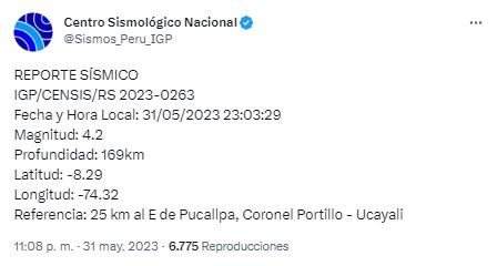 Detalles del sismo registrado en Coronel Portillo, Ucayali.| IGP