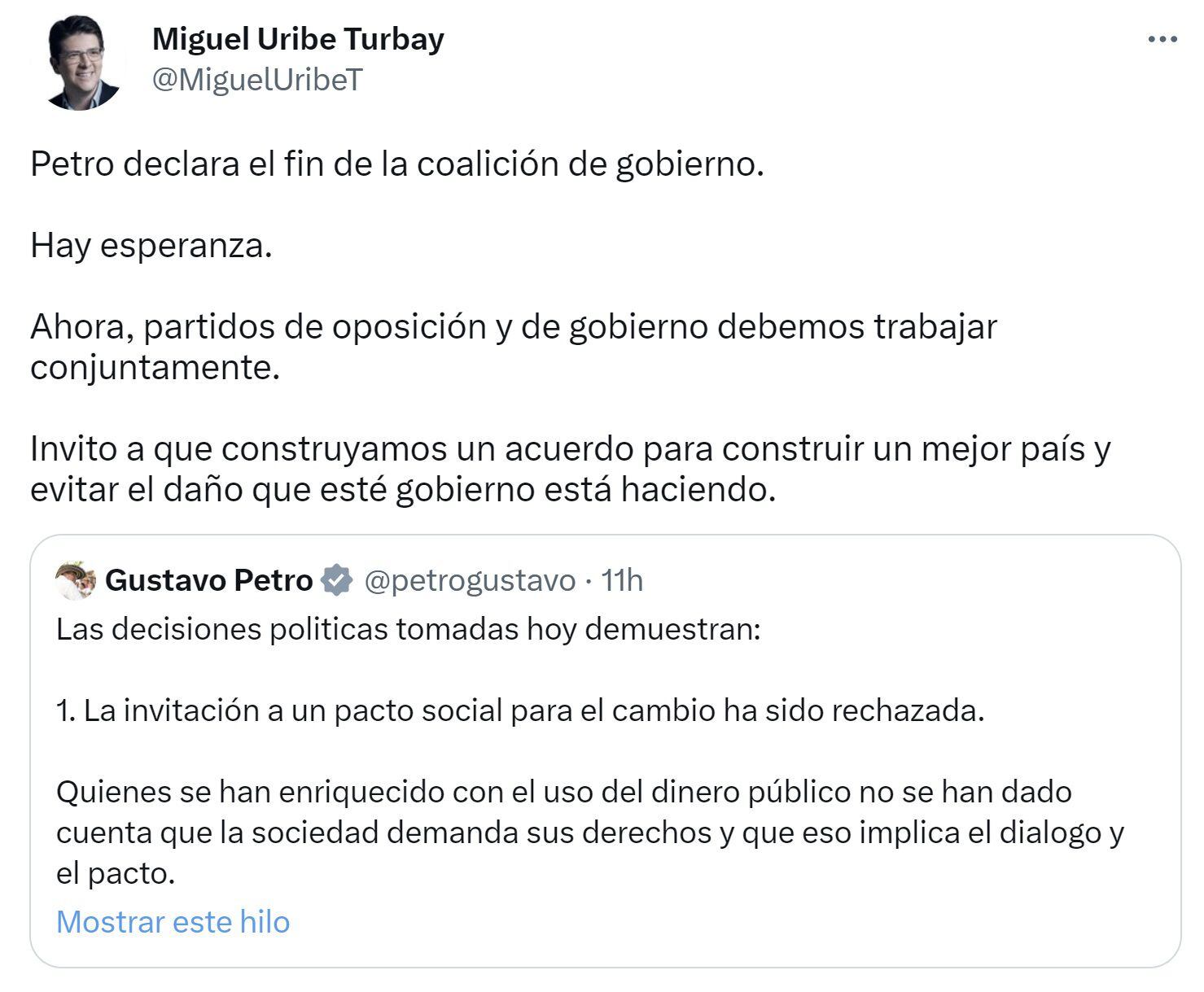 Miguel Uribe Turbay sobre el remezón en el gabinete presidencial