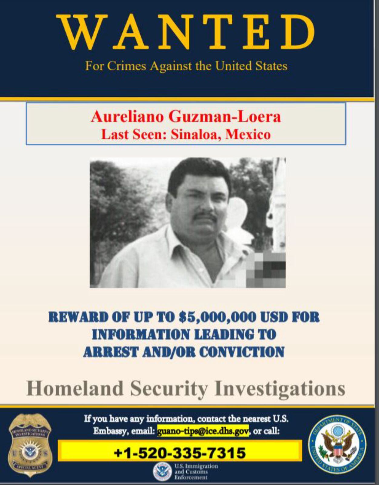 Aureliano Guzman-Loera of Sinaloa, MX, and brothers Ruperto, Jose, and Heriberto Salgueiro-Nevarez are wanted for international drug trafficking. Up to $5 mill USD reward for info leading to any arrest and/or conviction. @HSIPhoenix asks people w/ info to pls call 1-520-335-7315