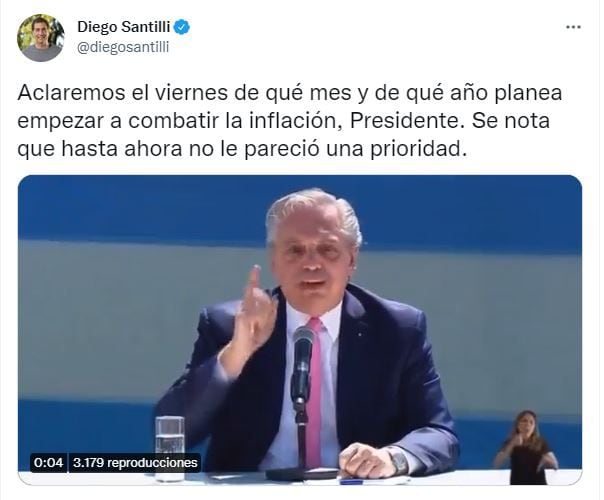 Tuit de Diego Santilli con críticas contra Alberto Fernández por la inflación