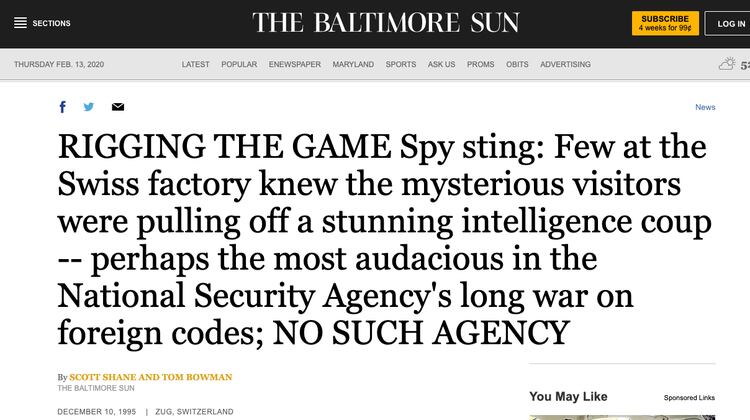 The Baltimore Sun hizo la investigación pionera del espionaje mediante las máquinas de Crypto, en 1995.