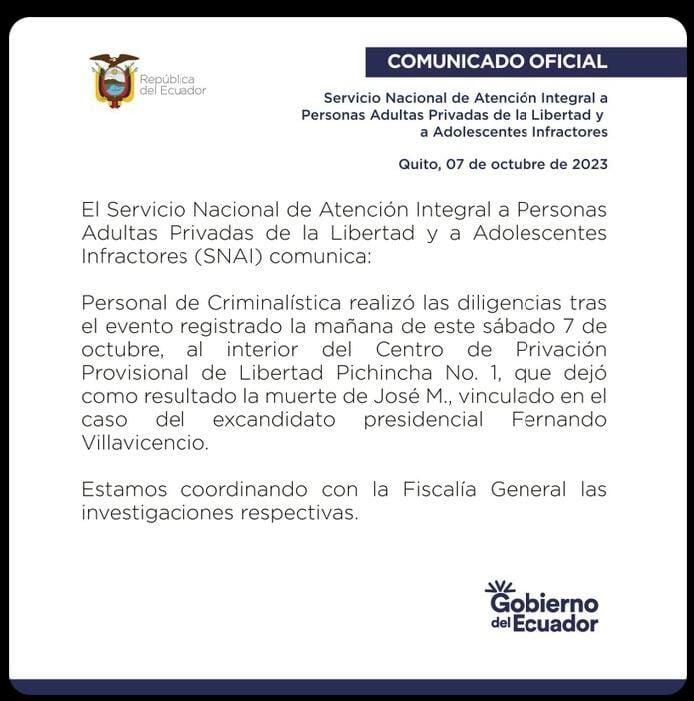 Comunicado del Gobierno ecuatoriano sobre la muerte del séptimo detenido por el asesinato del excandidato Fernando Villavicencio - crédito @TMT30_/X