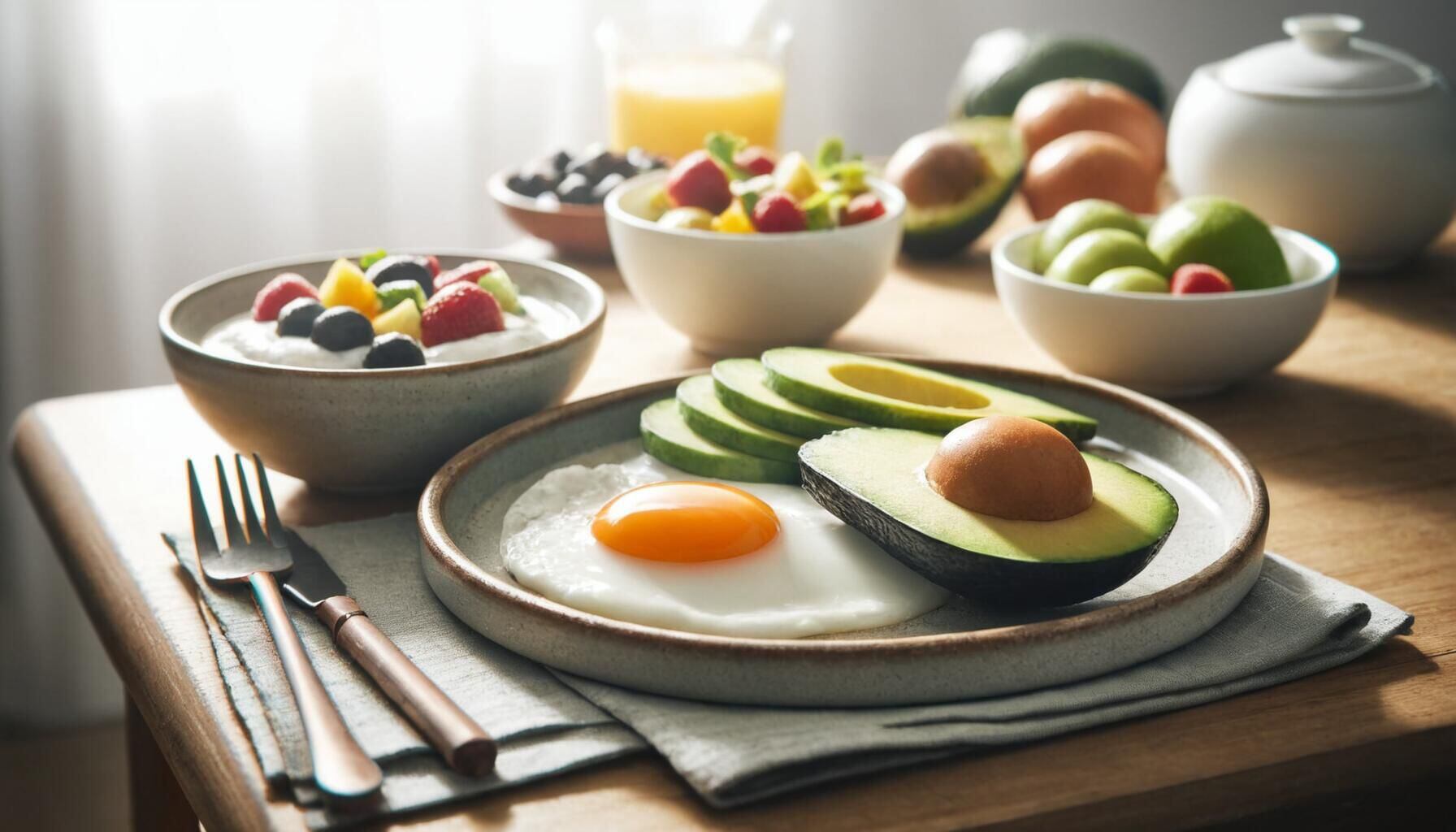 Imagen de un desayuno saludable y sin pan con una variedad de frutas, yogur, leche, huevos, palta y batidos, ideal para una nutrición equilibrada y una vida sana. (Imagen ilustrativa Infobae)