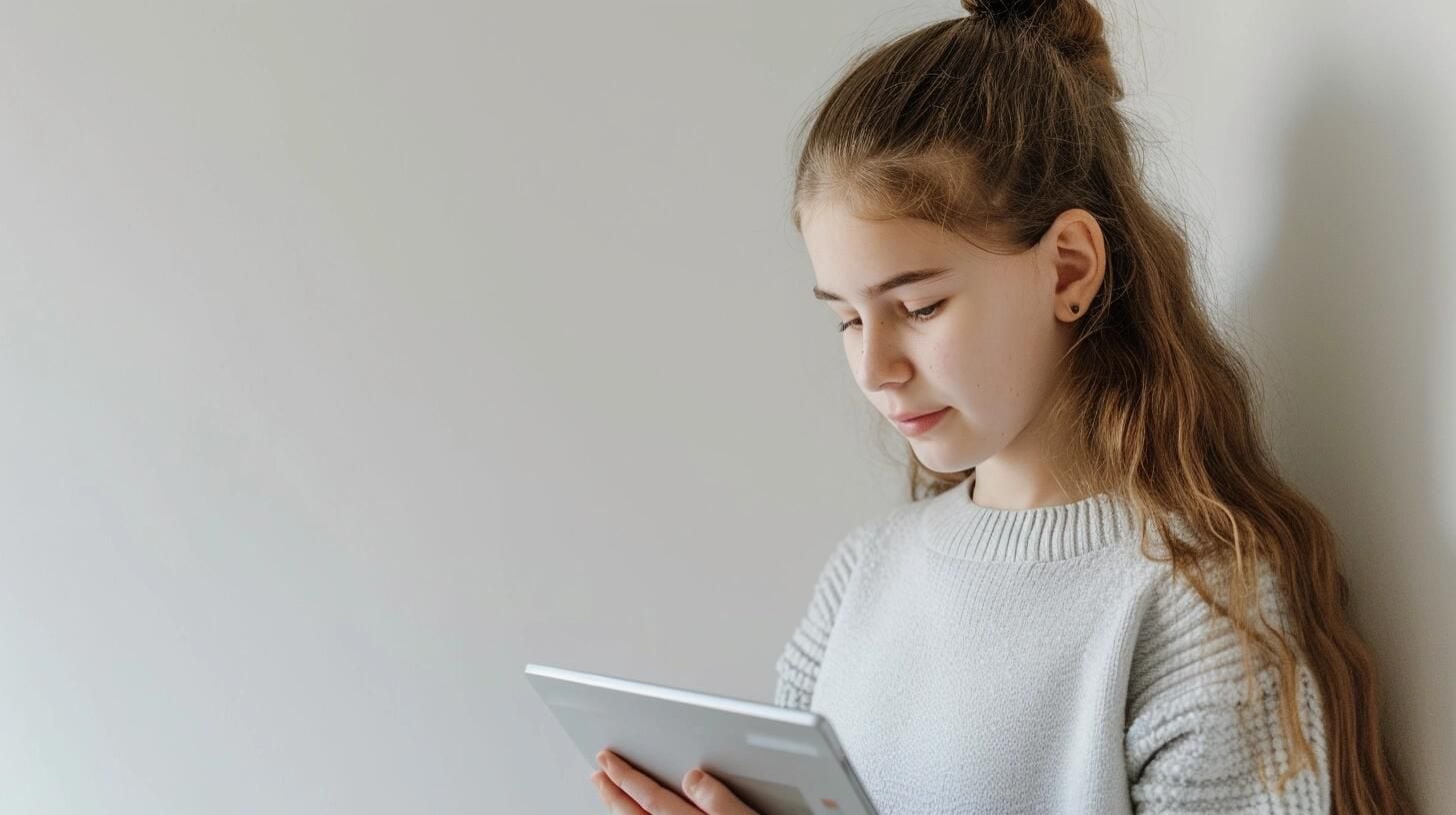 Joven leyendo atentamente en una tablet, sumergida en un ebook. La imagen muestra cómo los libros digitales han abierto nuevas formas de acceder a la literatura, permitiendo a los adolescentes disfrutar de la lectura de cuentos y novelas de una forma más interactiva y moderna. (Imagen ilustrativa Infobae)