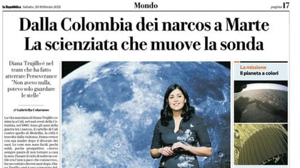 In this Saturday's printed edition of the newspaper `La República & # 769 ;, an Italian medium with the title: "From the Colombia of drug traffickers to Mars, the Martian life of the scientist", referring to Diana Trujillo, the Colombian who made a successful landing of the Perseverance rover on Mars. Photo: Colprensa.