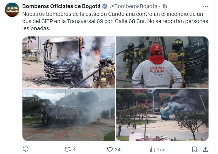 Los bomberos de la estación Candelaria controlaron el incendio del bus Sitp en la Transversal 69 con Calle 68 Sur - @BomberosBogota / X