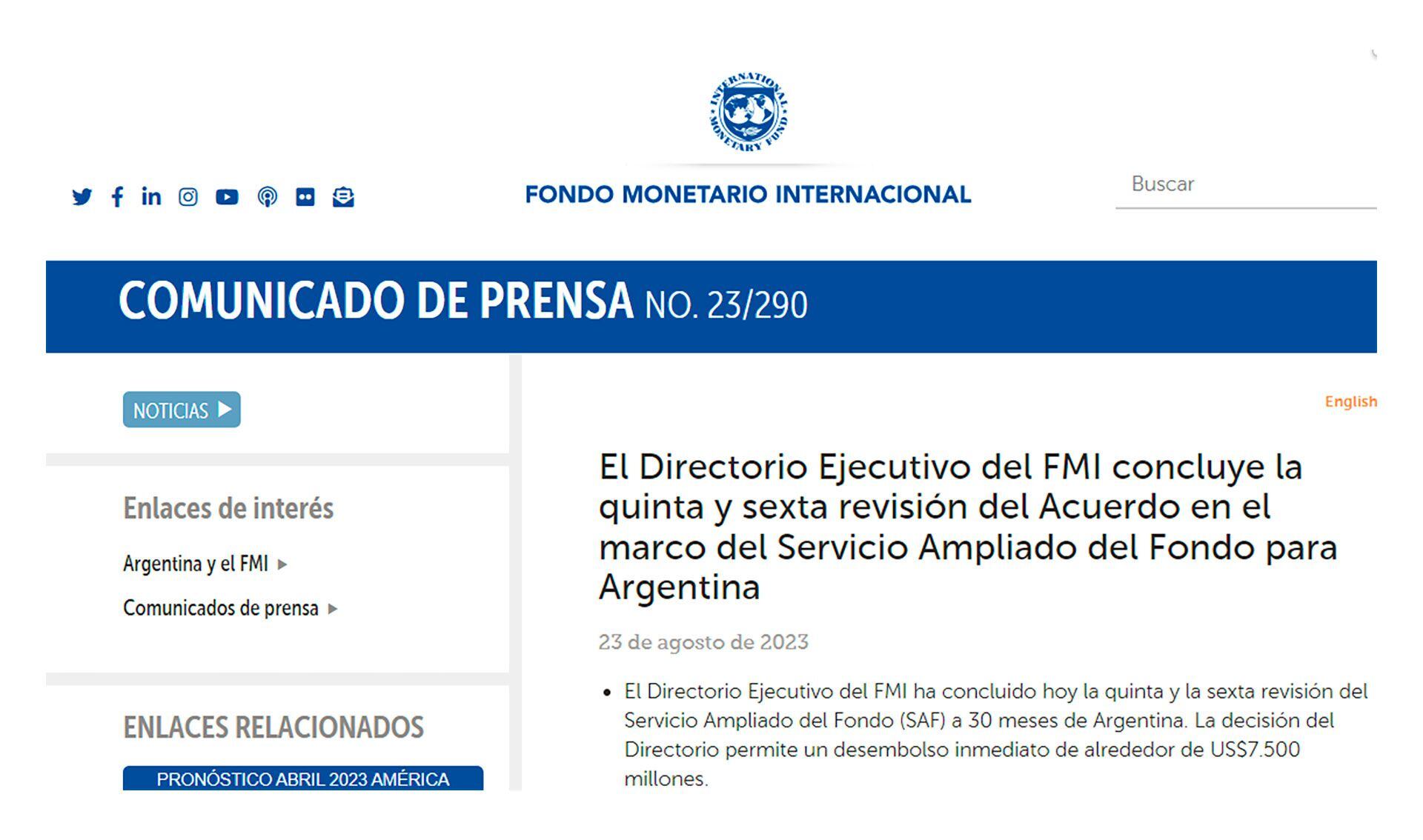 El comunicado del Fondo Monetario Internacional tras el desembolso a la Argentina