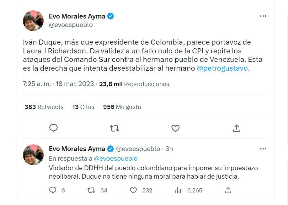 Evo Morales arremetió contra Iván Duque por pedirle a la CPI que arrestara al dictador venezolano Nicolás Maduro. Twitter.